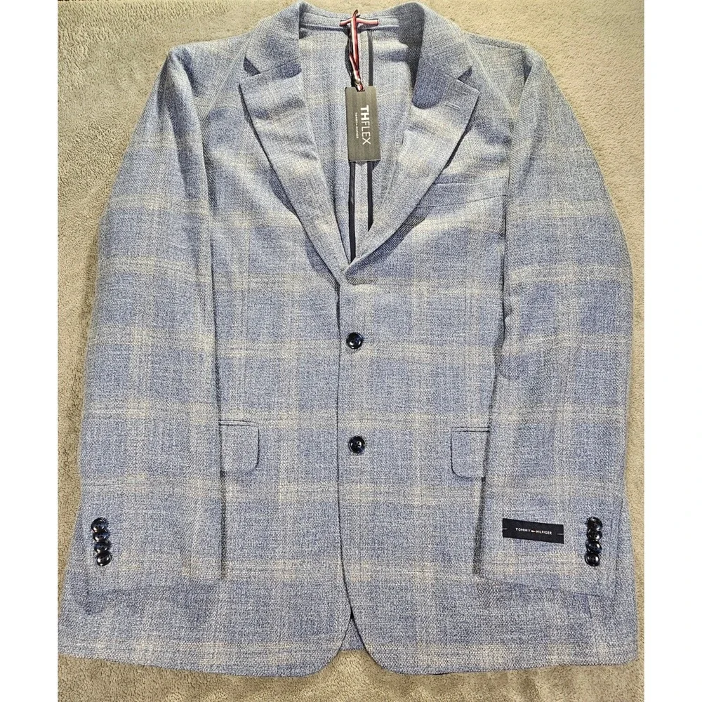 Tommy Hilfiger THFLEX Mens Light Blue Plaid Sport Coat Blazer 46R New